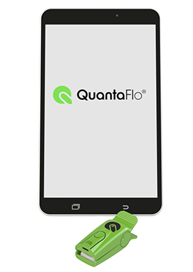 Tablet with QuantaFlo logo on screen with sensor
